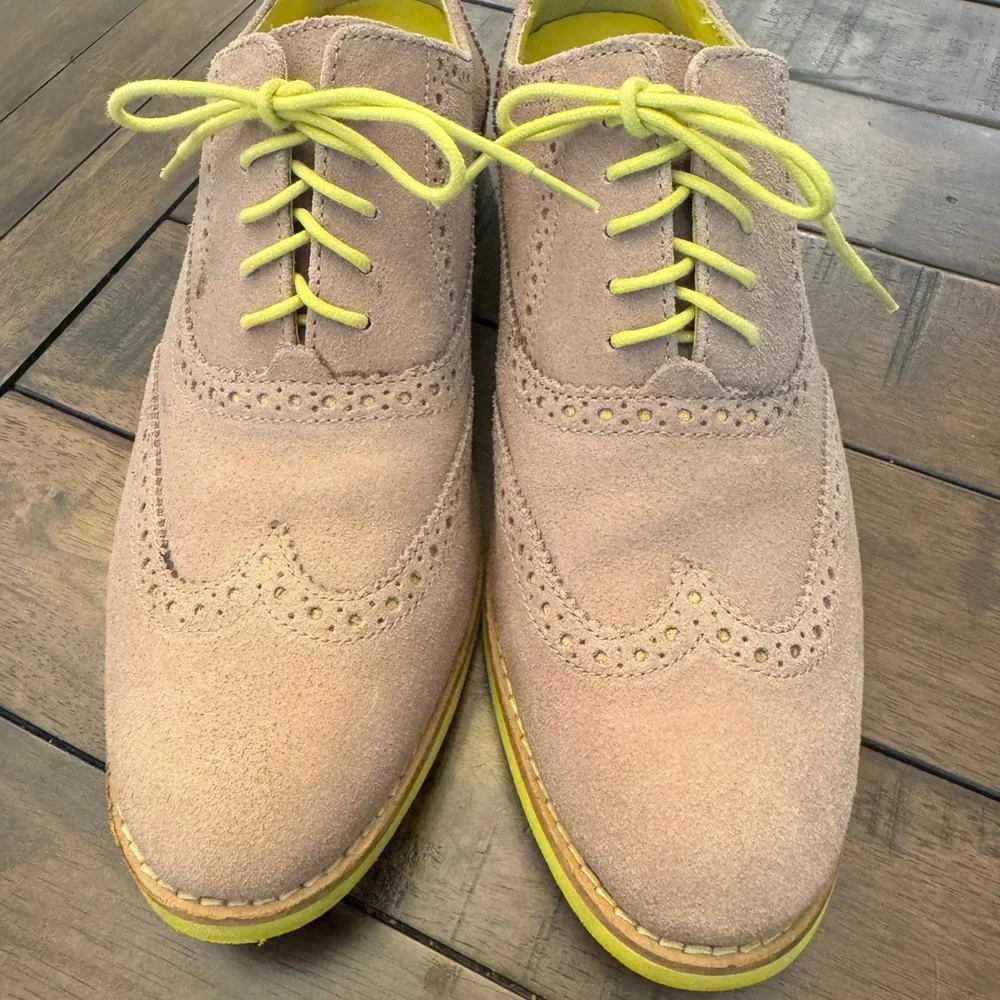 Cole Haan Womens Alisa Oxfords Taupe Suede Neon Yellow Brogue Wingtip Size 9.5